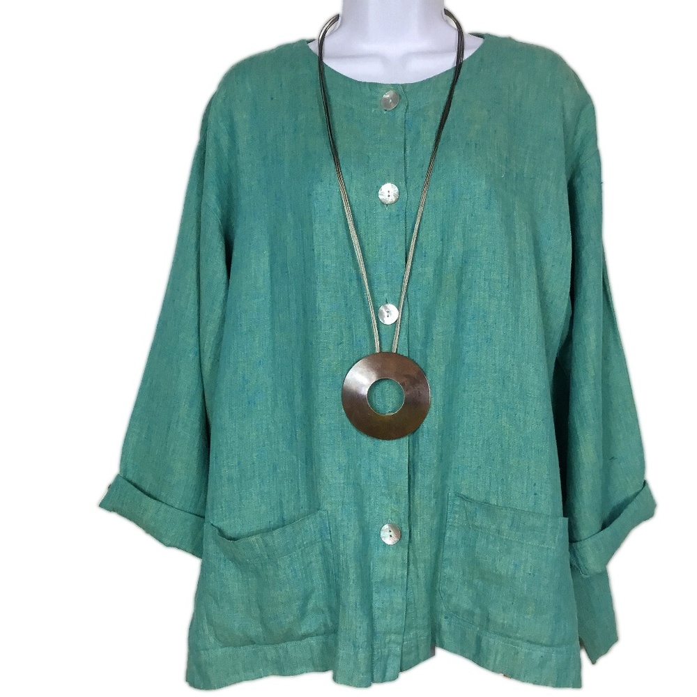 Teal Linen Button Up Jacket by Chico’s Design Sz 1